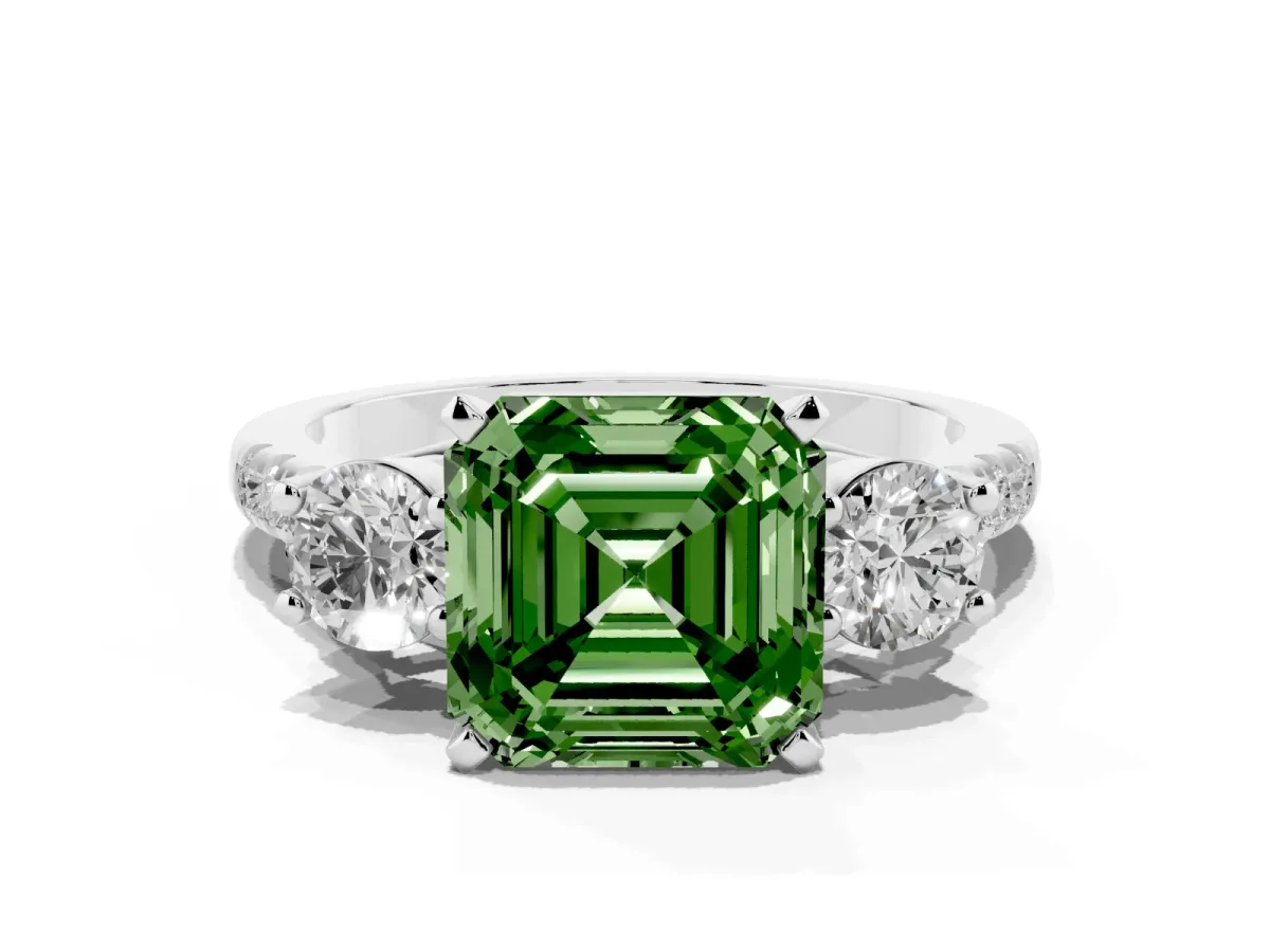 Fancy Green Three-Stone Asscher Cut Diamond Pavé Band with Four-Prong Setting Silver