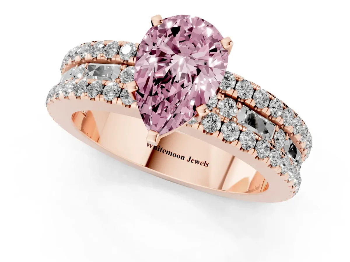 Fancy Pink Pear Cut Diamond Solitaire Ring with Pavé and Channel Set Band Rose gold