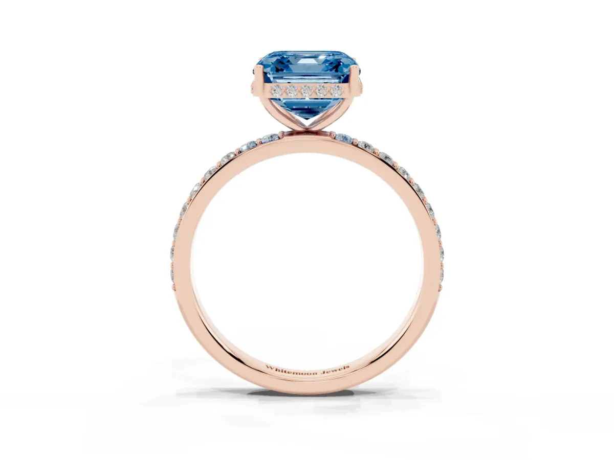 Fancy Blue Asscher Cut Diamond Solitaire Ring with Pavé Band and Hidden Halo Rose gold