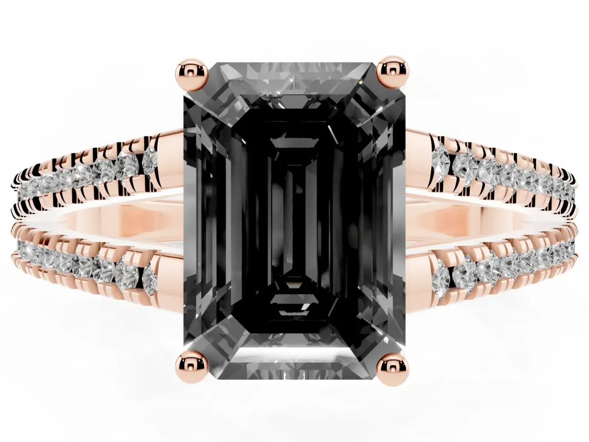 Fancy Black Emerald Cut Diamond Solitaire Engagement Ring with Split Shank Pavé Band Rose gold