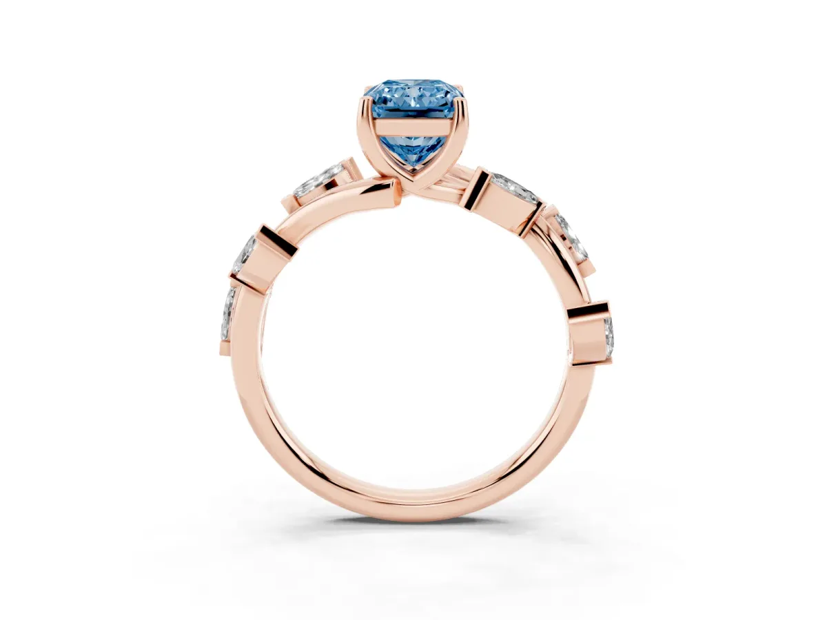 Fancy Blue Radiant Cut Solitaire Twisted Band Marquise Accent Prong Setting Ring Rose gold
