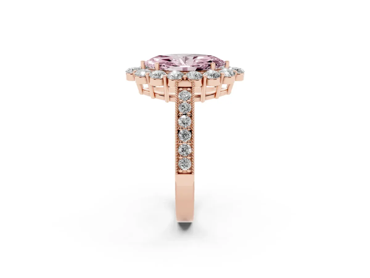Fancy Pink Marquise Cut Cut Halo Diamond Pavé Engagement Ring with Milgrain Detailing Rose gold