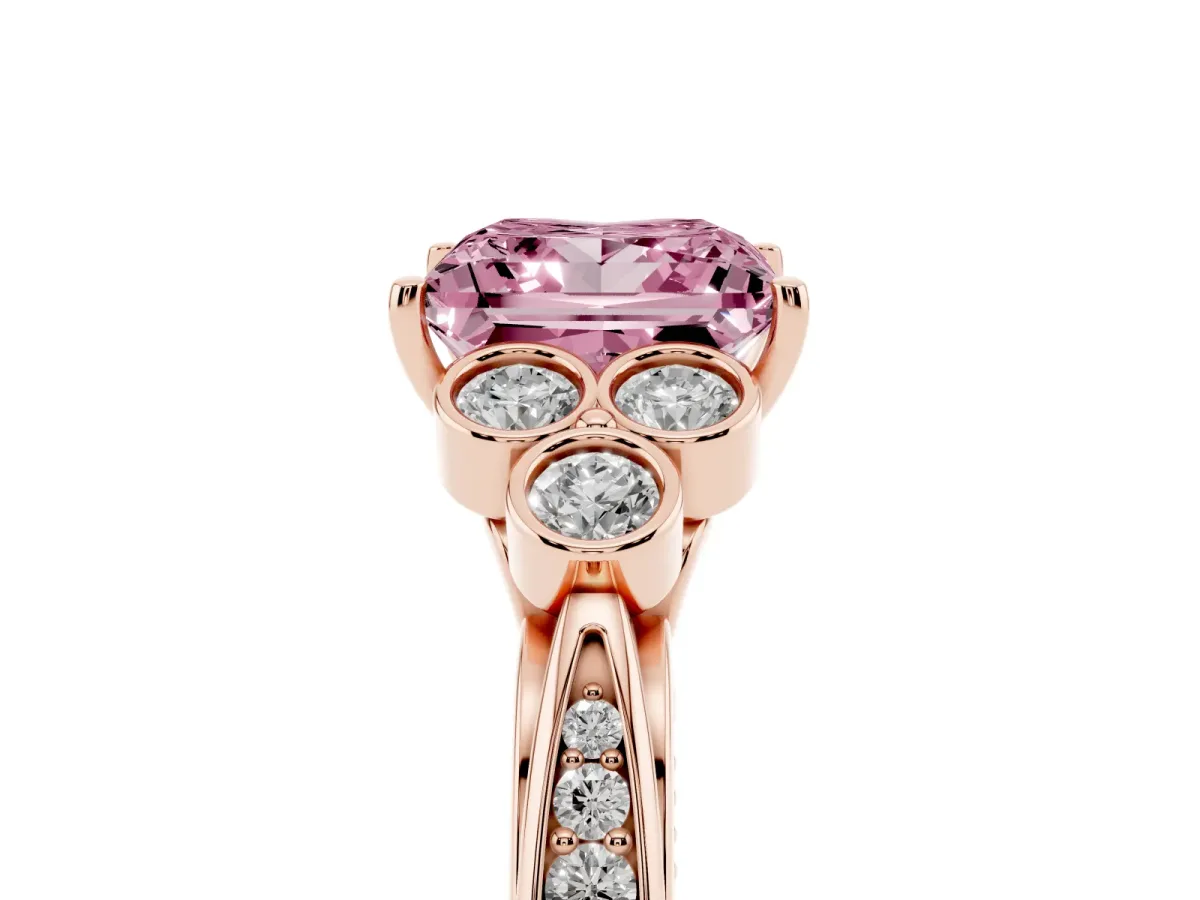 Fancy Pink Princess Cut Cut Diamond Engagement Ring with Bezel Set Round Side Stones and Prong Setting Rose gold
