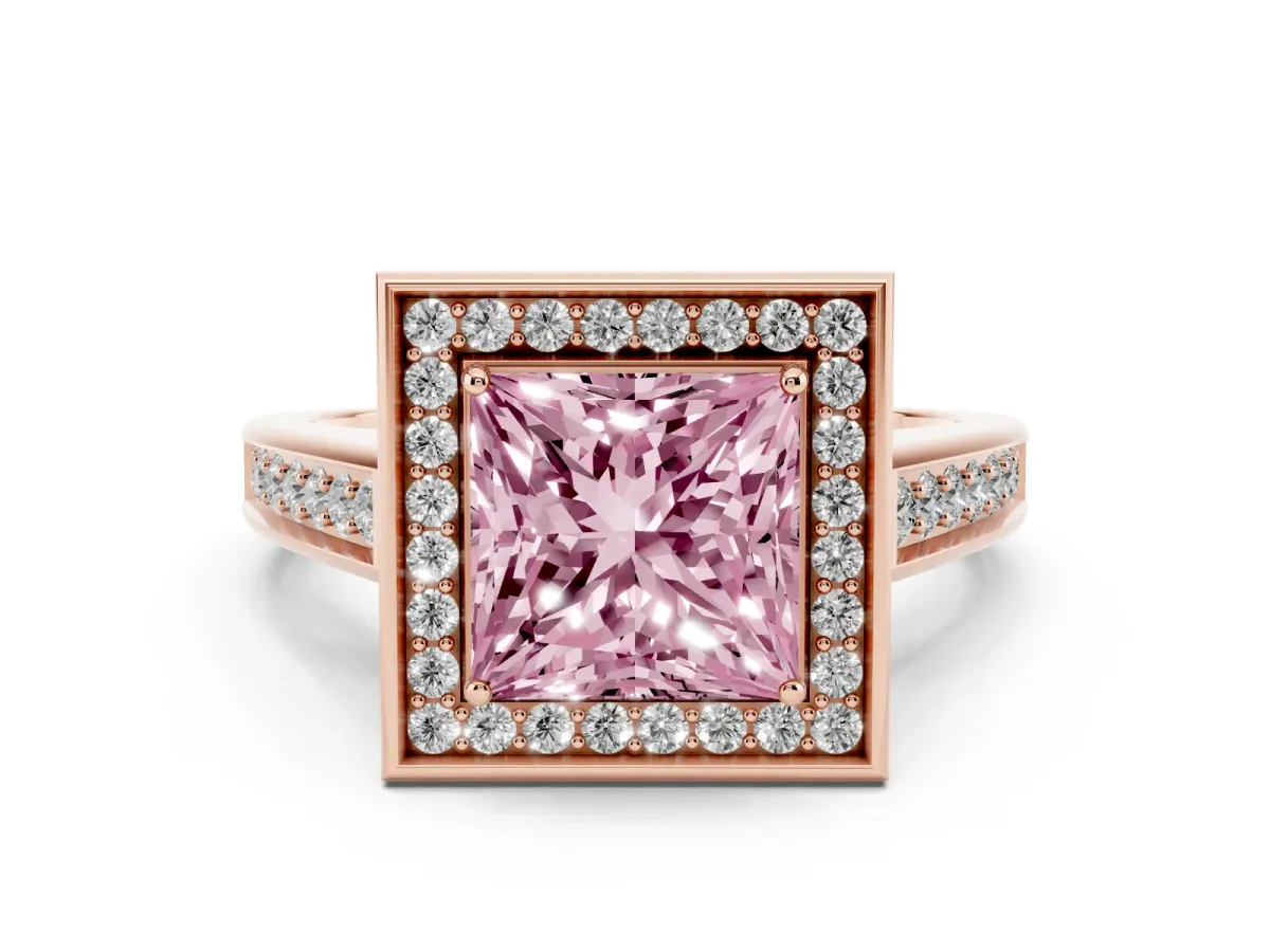 Fancy Pink Princess Cut Halo Solitaire Diamond Ring with Pave Band and Bezel Setting Rose gold