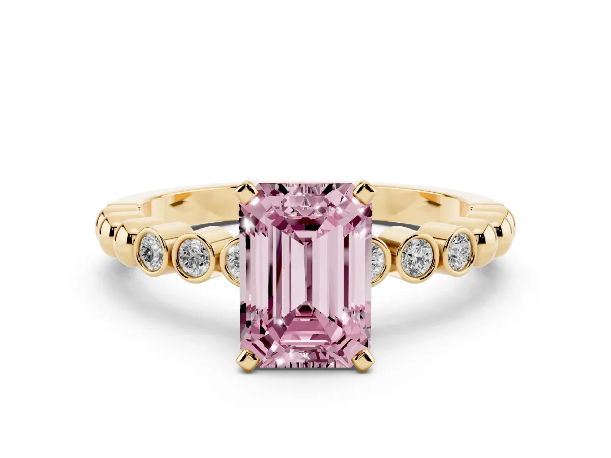 Fancy Pink Emerald Cut Solitaire Bezel Accent Diamond Engagement Ring with Beaded Band and Four-Prong Setting Yellow gold