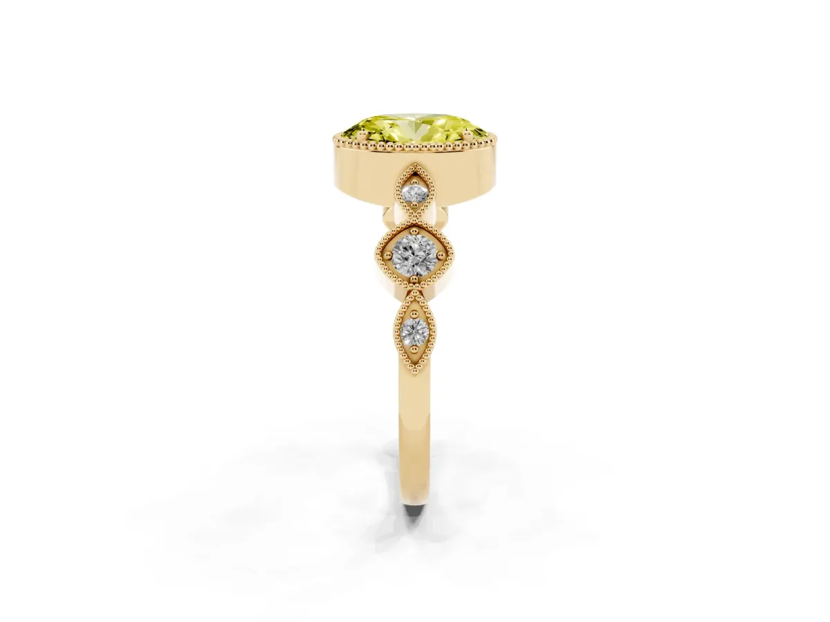Fancy Yellow Oval Cut Diamond Vintage Milgrain Ring with Round Stations Yellow gold