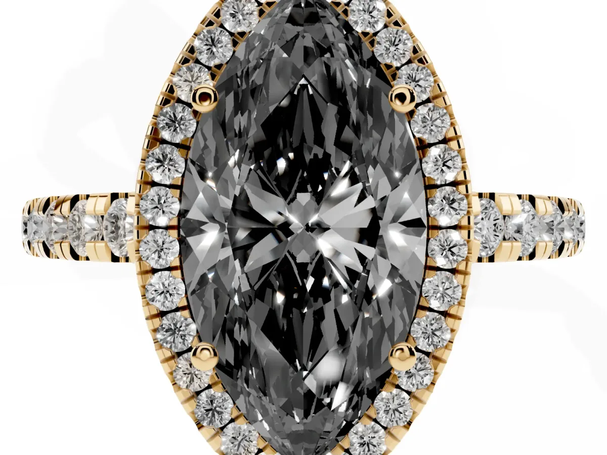 Fancy Black Marquise Cut Diamond Halo Ring with Pavé Band and Four-Prong Setting Yellow gold