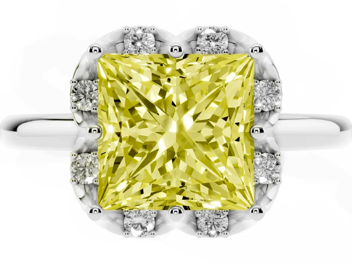 Fancy Yellow Princess Cut Halo Diamond Ring with Round Cluster Setting, Solitaire Band, and Four-Prong Setting Silver