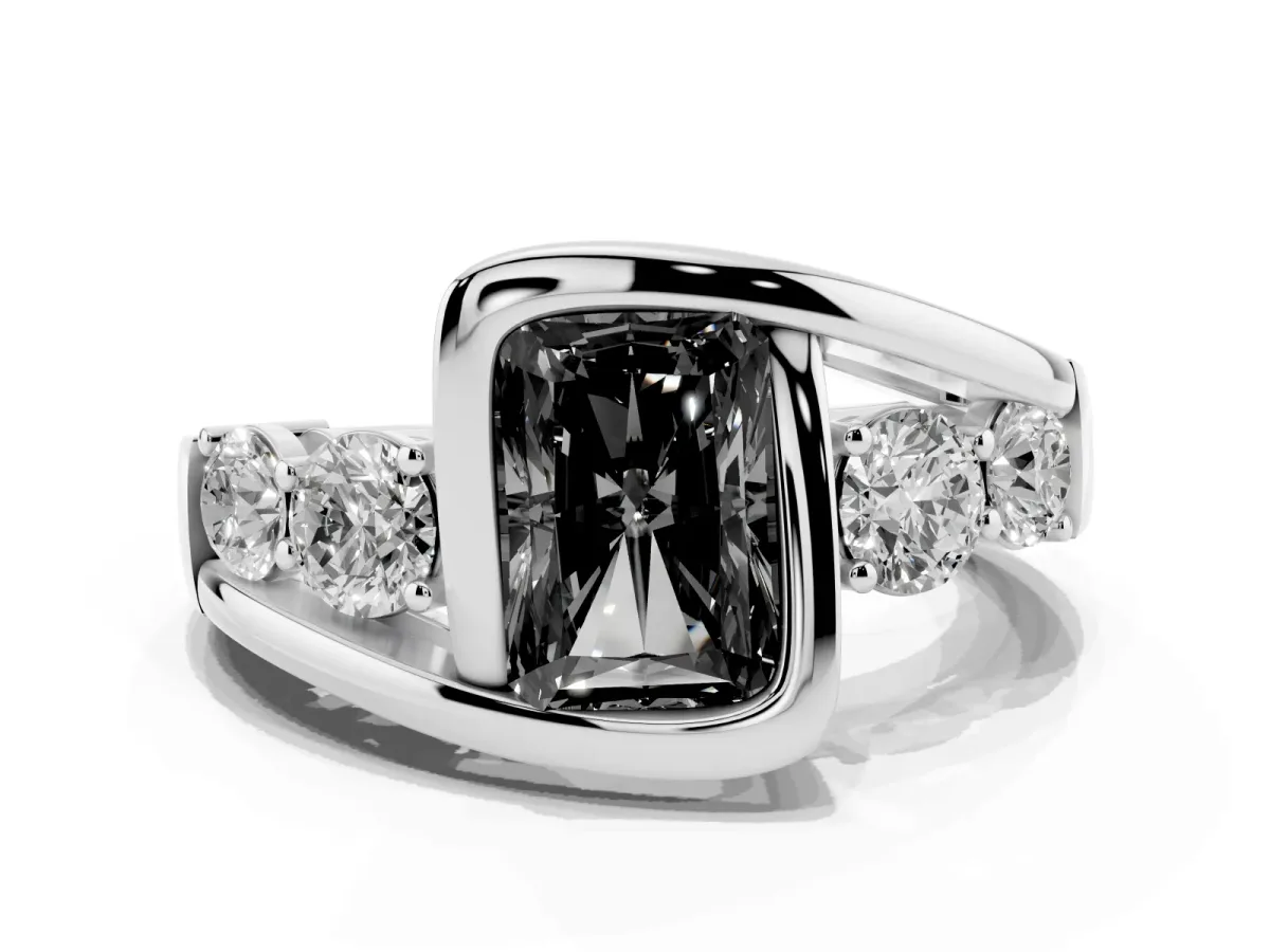 Fancy Black Bezel Set Radiant Cut Diamond Bypass Ring with Round Accents Silver