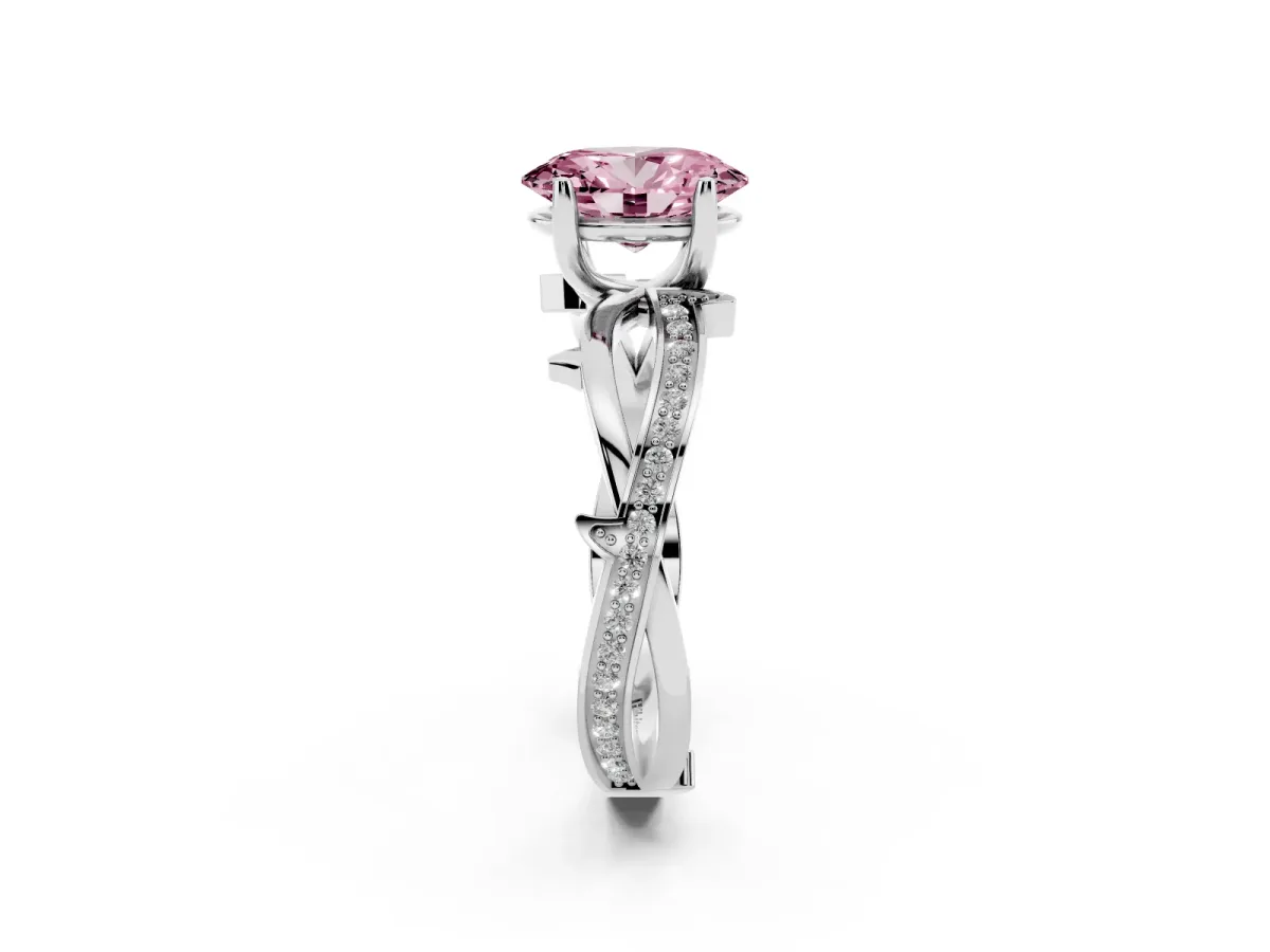 Fancy Pink Oval Cut Solitaire Twist Band with Pavé Accents and Four-Prong Setting Silver