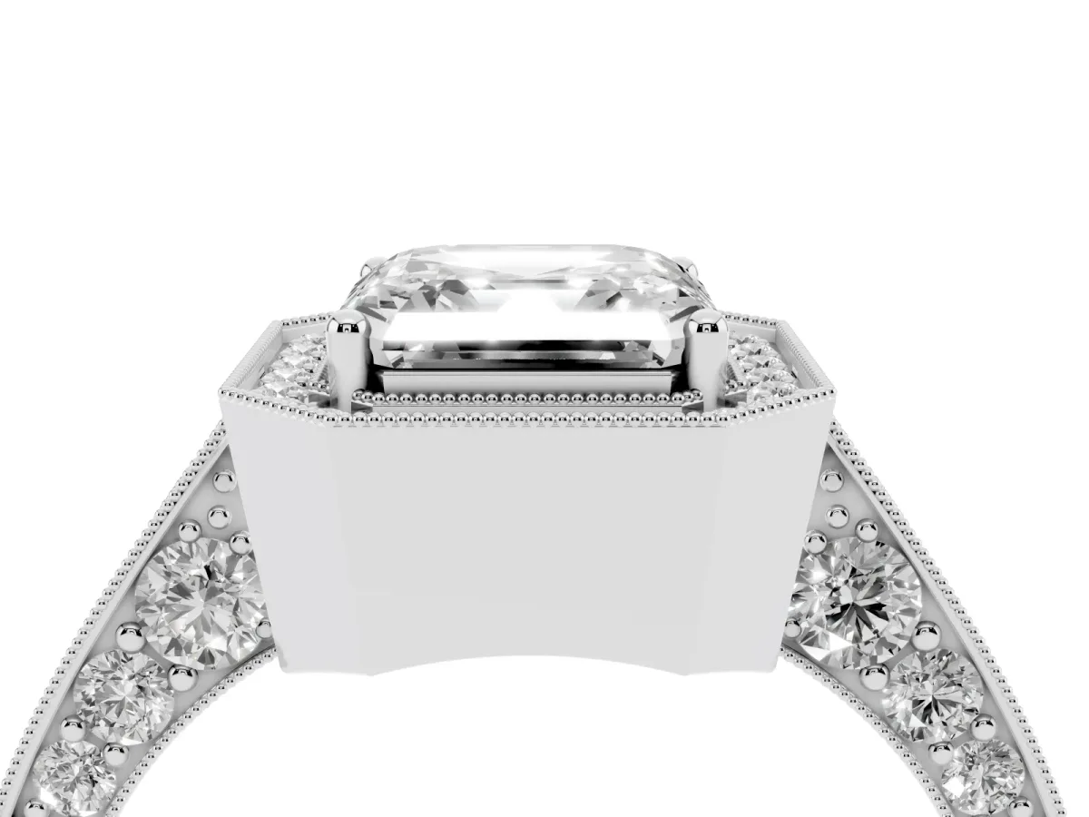 Asscher Cut Halo Diamond Engagement Ring with Split Shank Band and Four-Prong Setting Silver