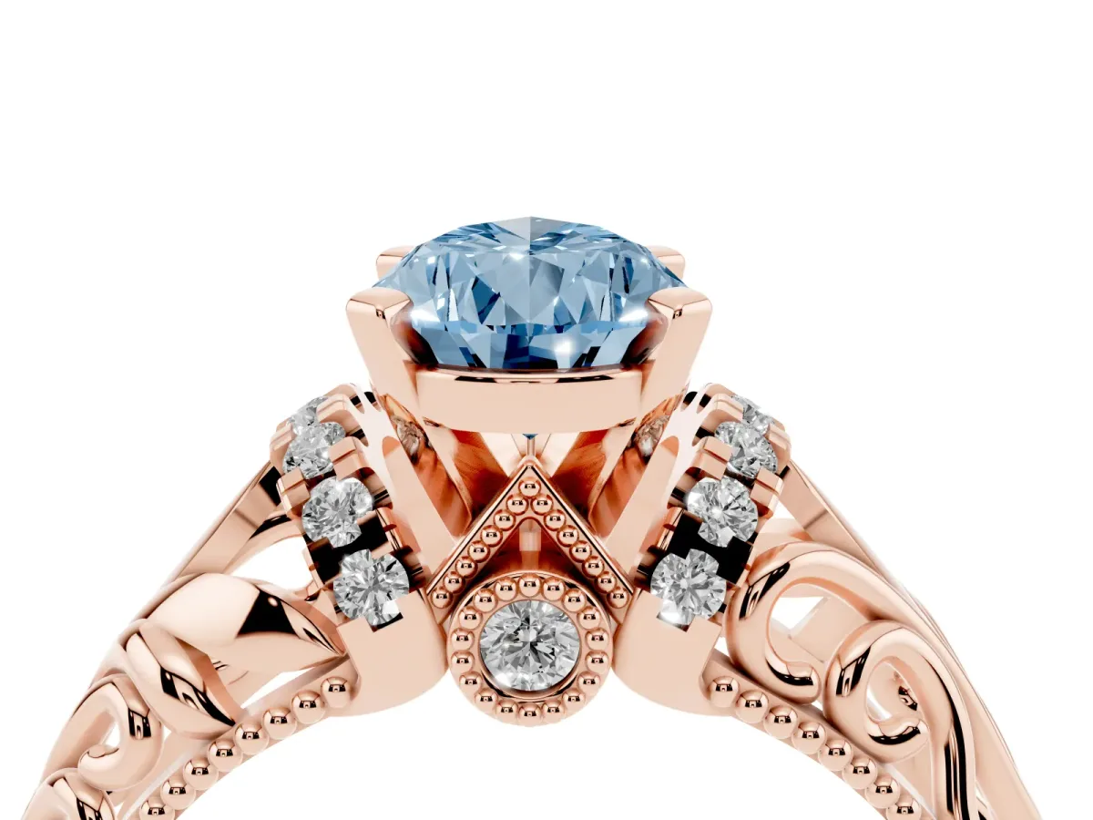 Fancy Blue Pear Cut Solitaire Filigree Engagement Ring with Halo and Prong Setting Rose gold