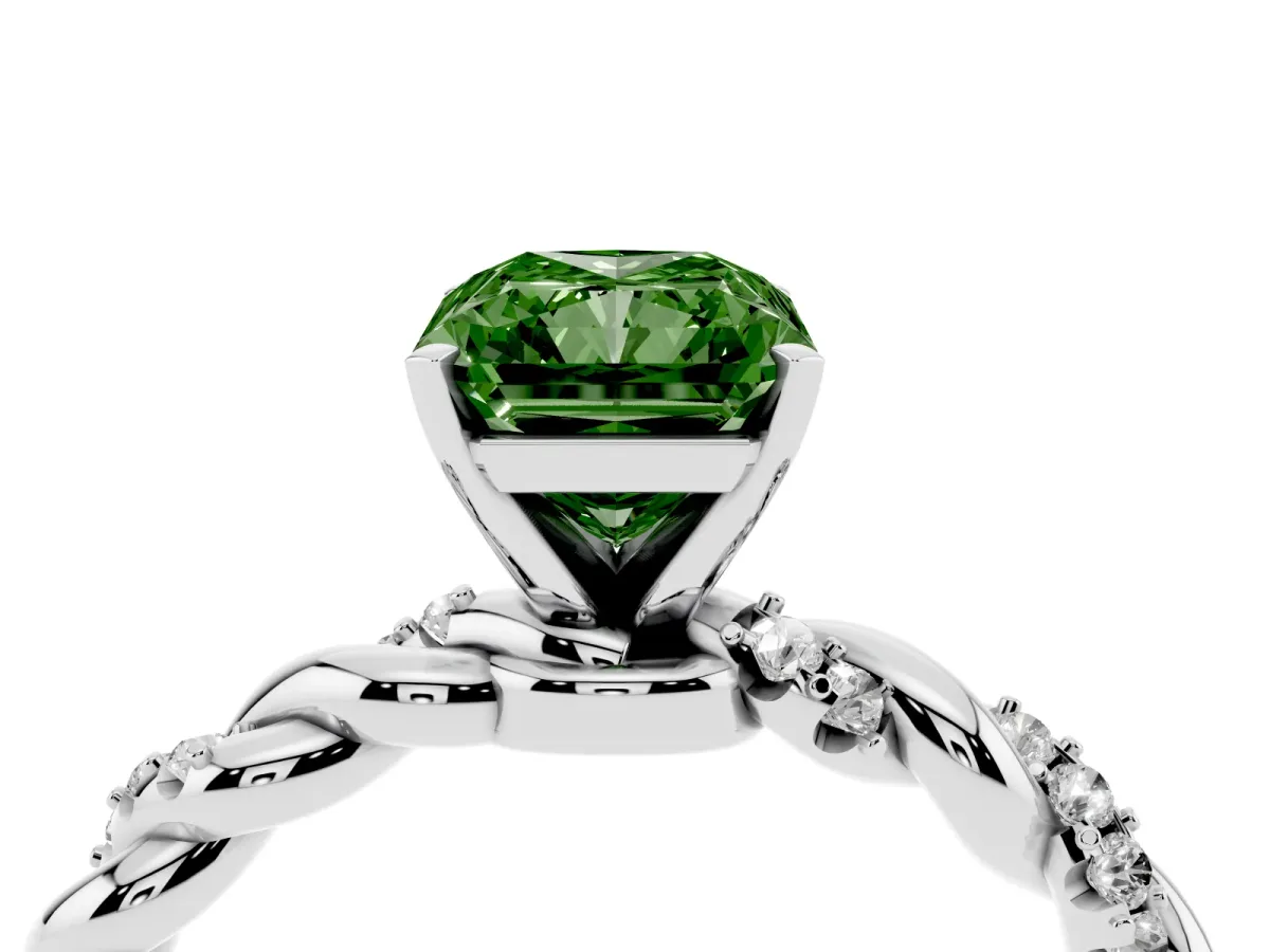 Fancy Green Radiant Cut Diamond Solitaire Ring with Twisted Band and Pavé Accents Silver