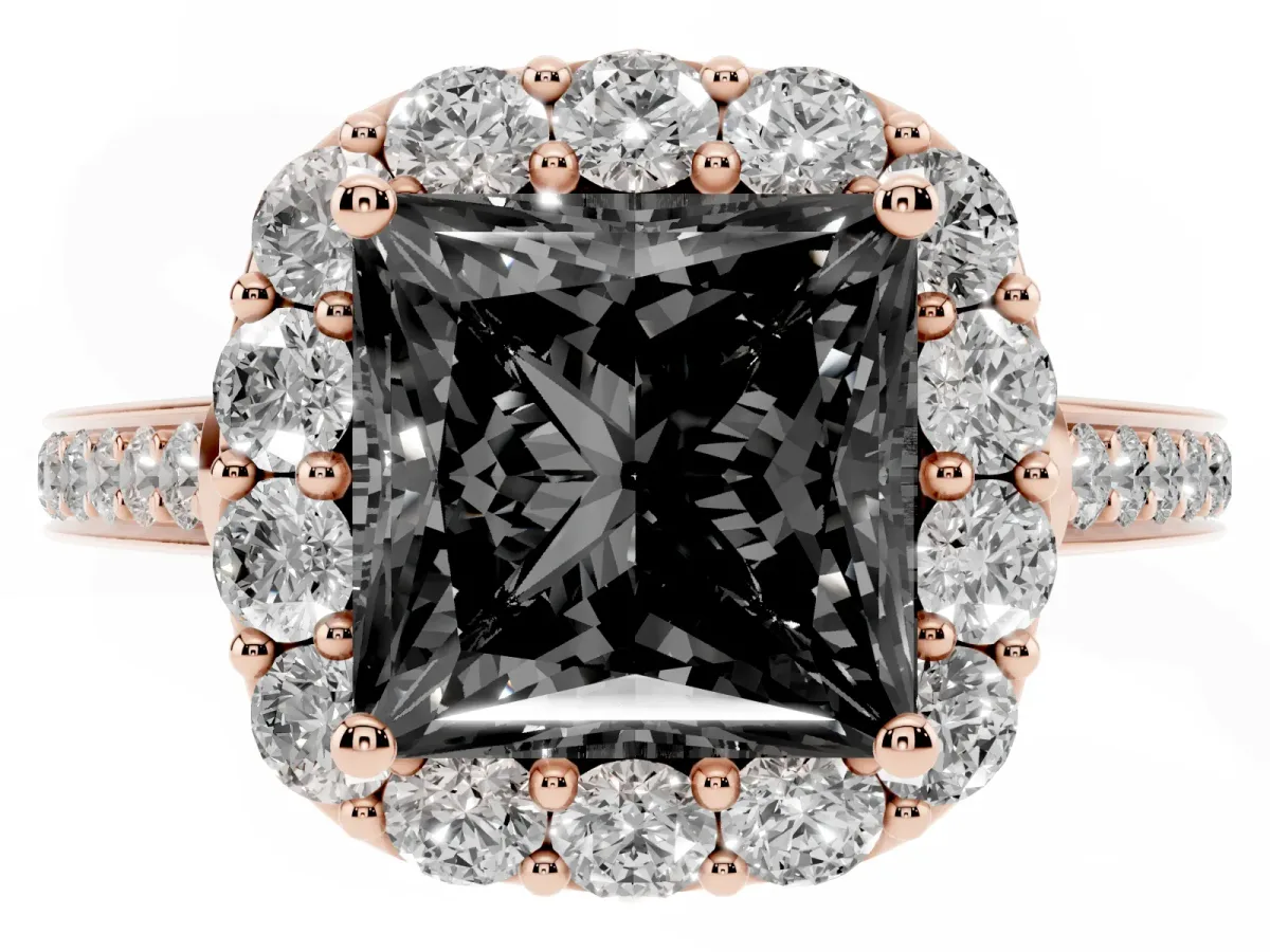Fancy Black Princess Cut Diamond Floral Halo Ring with Pavé Band and Prong Setting Rose gold