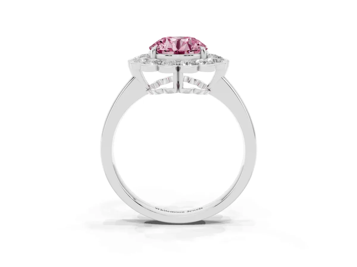 Fancy Pink Round Cut Halo Cluster Diamond Engagement Ring with Solitaire Band and Prong Setting Platinum