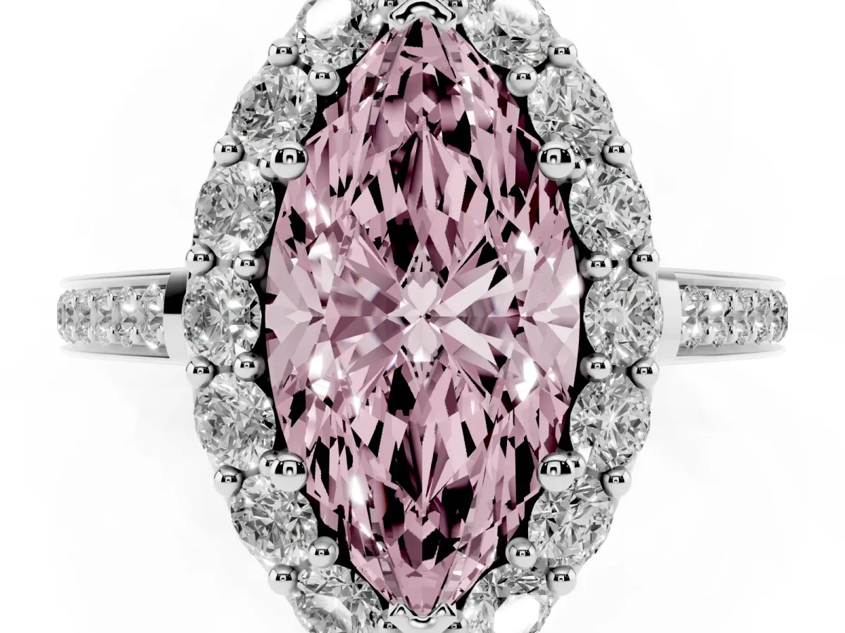 Fancy Pink Marquise Cut Diamond Floral Halo Ring with Pavé Band and Prong Setting White gold