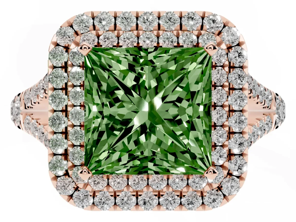 Fancy Green Princess Cut Diamond Pavé Split Shank Double Halo Engagement Ring Rose gold