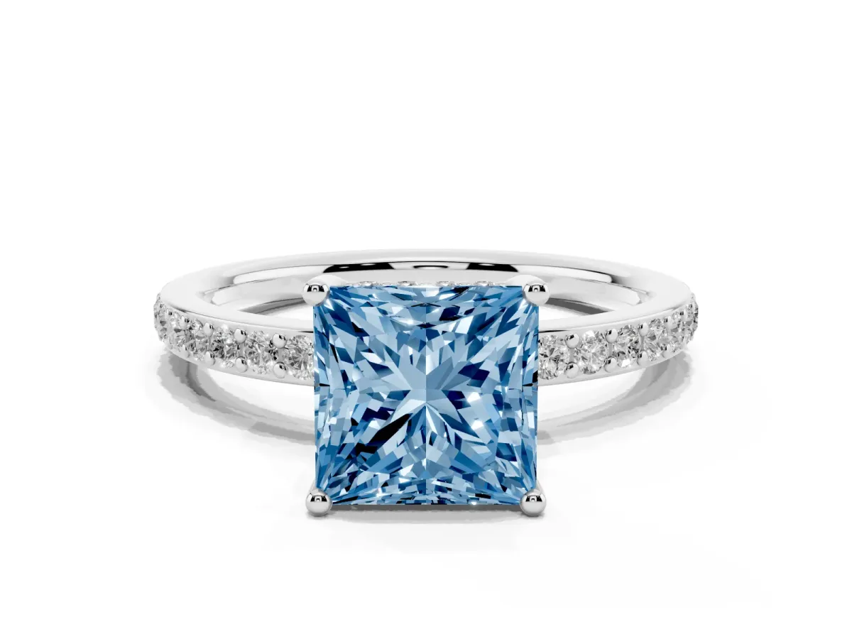 Fancy Blue Princess Cut Cut Diamond Pavé Band Ring with Four-Prong Setting Platinum
