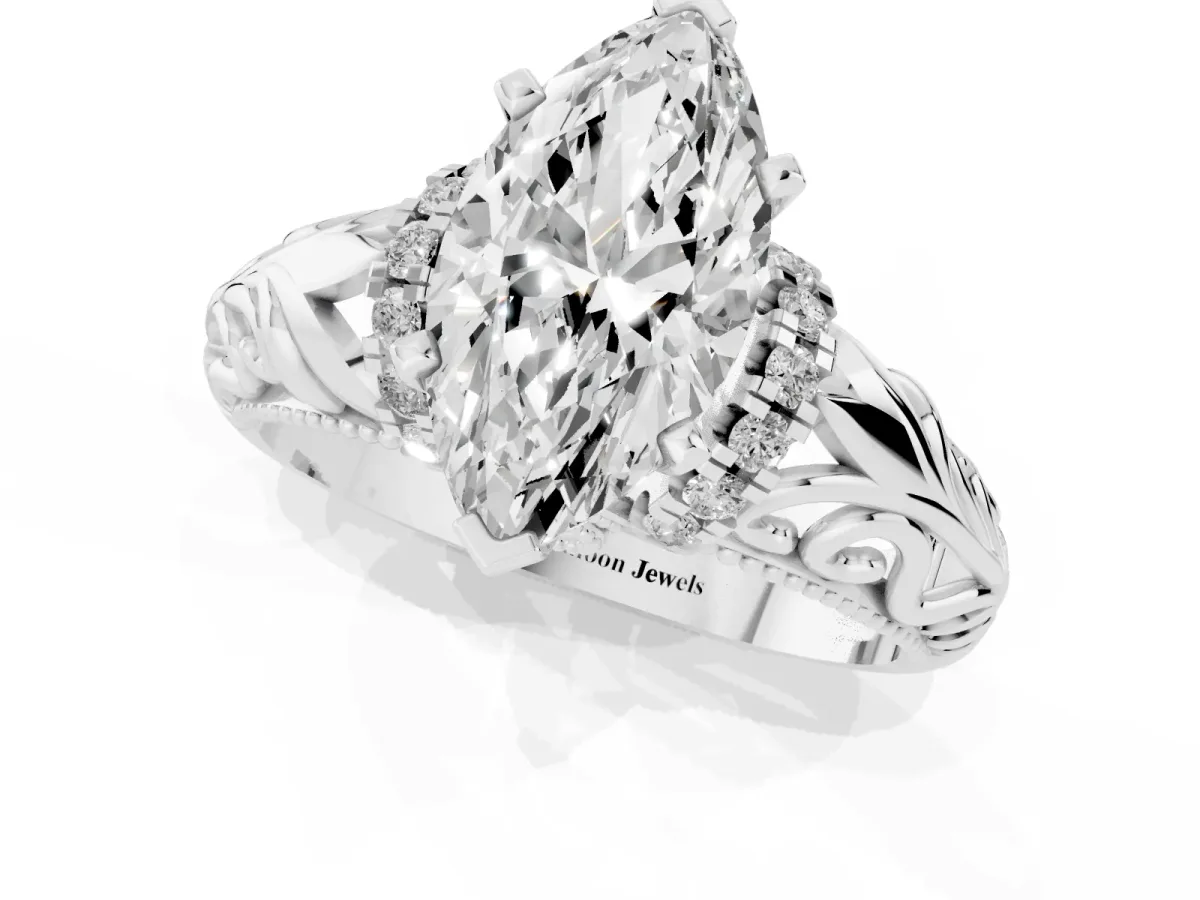 Marquise Cut Solitaire Filigree Engagement Ring with Halo and Prong Setting Silver