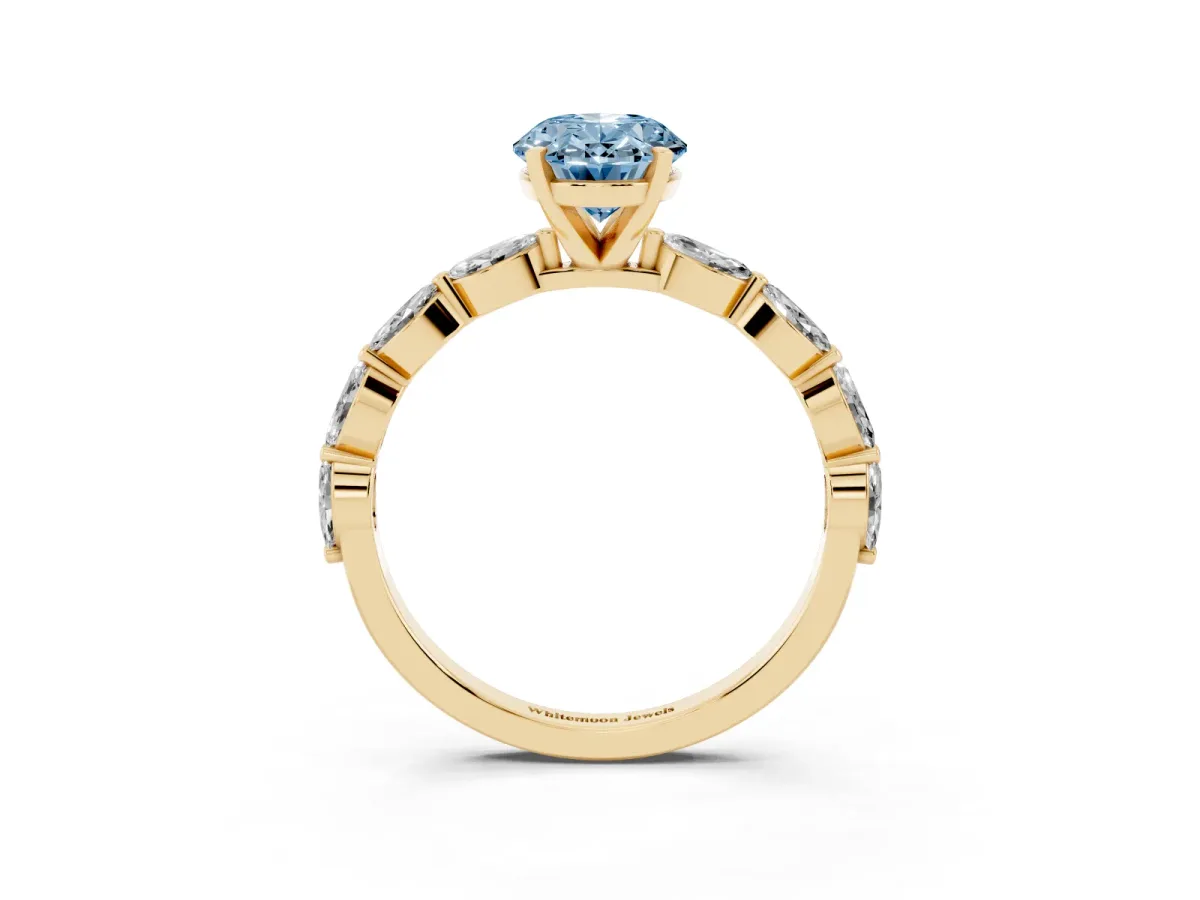 Fancy Blue Oval Cut Diamond Ring with Marquise Side Stones and Prong Setting Yellow gold