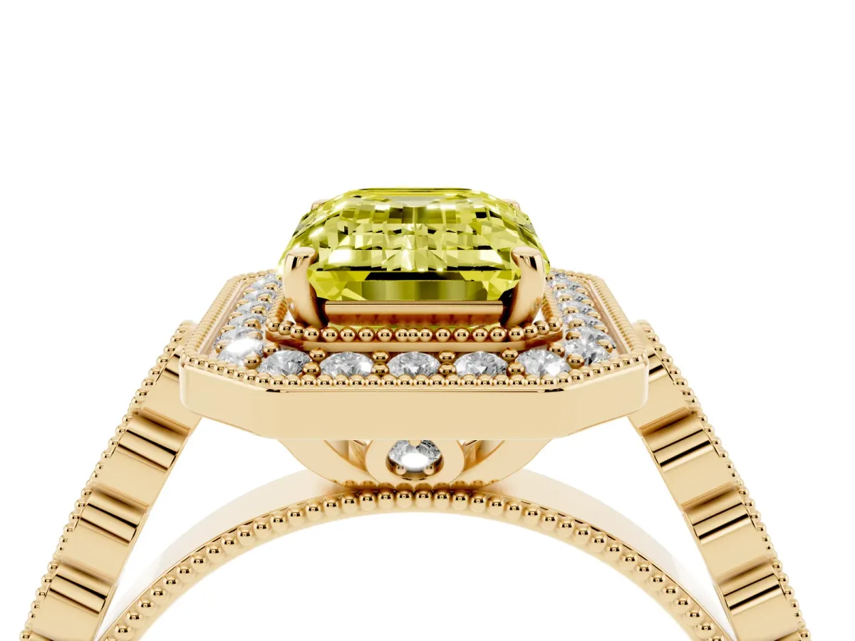 Fancy Yellow Emerald Cut Halo Milgrain Solitaire with Bezel Set Side Stones and Pave Band Yellow gold