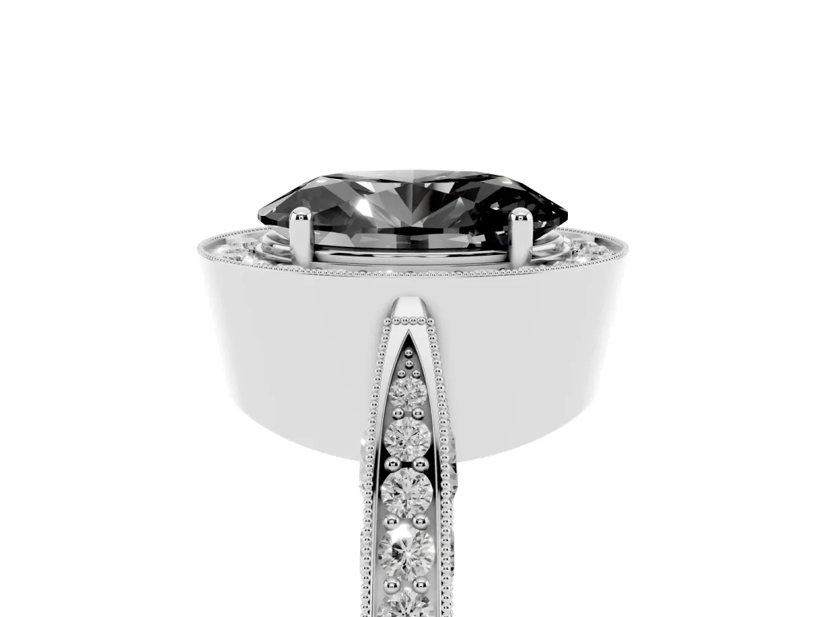 Fancy Black Oval Cut Halo Diamond Engagement Ring with Split Shank Band and Four-Prong Setting Silver