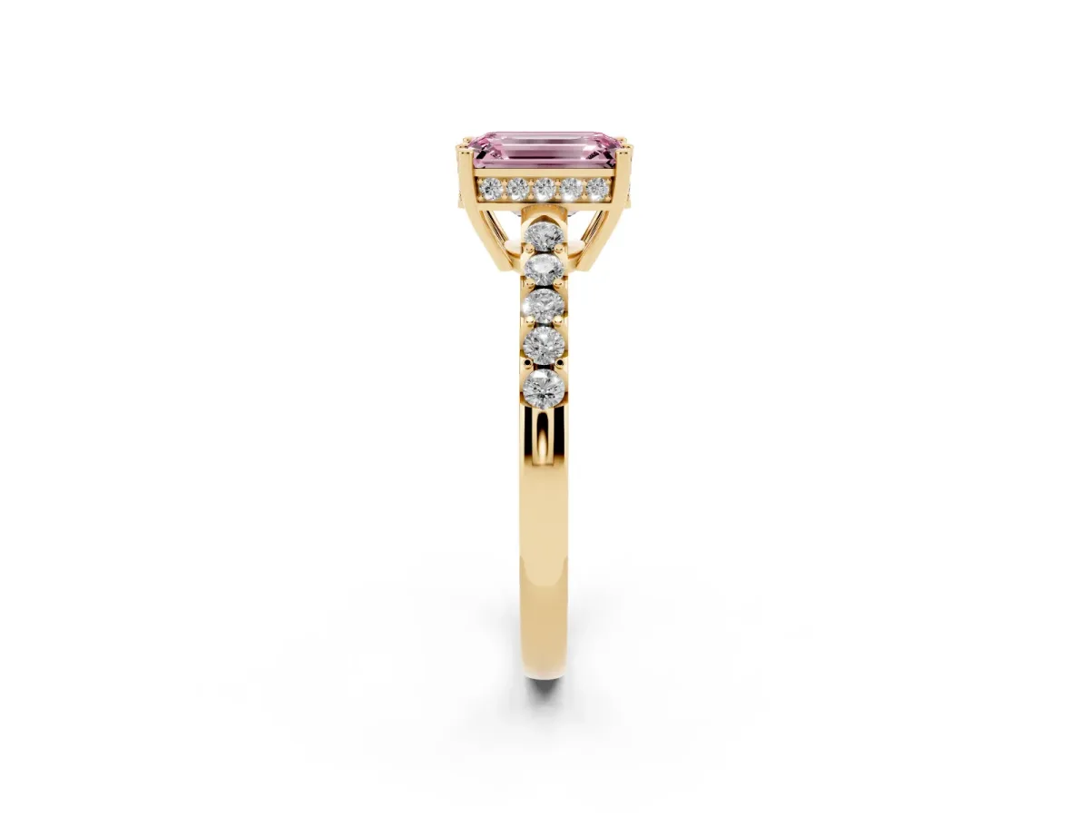 Fancy Pink Emerald Cut Solitaire Diamond Engagement Ring with Pavé Band and Six-Prong Setting Yellow gold