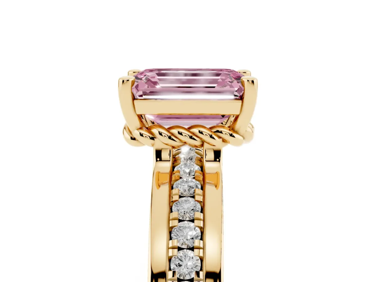 Fancy Pink Emerald Cut Solitaire Diamond Ring with Channel Set Band and Six-Prong Setting Yellow gold