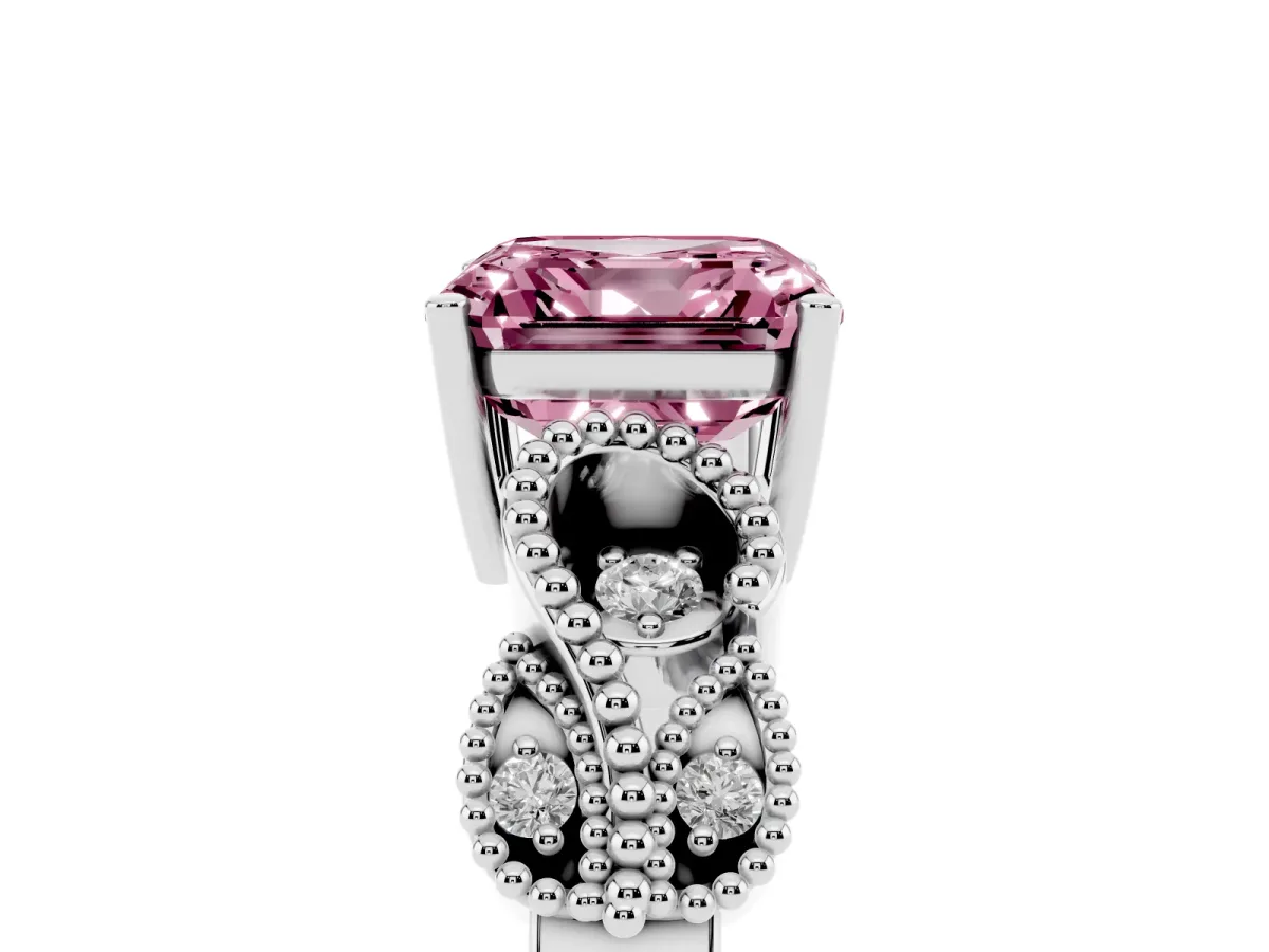 Fancy Pink Asscher Cut Solitaire Milgrain Leaf Band with Prong Setting White gold