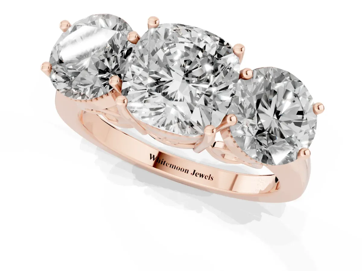 Three-Stone Cushion Cut Diamond Engagement Ring with Prong Setting on a Classic Band Rose gold