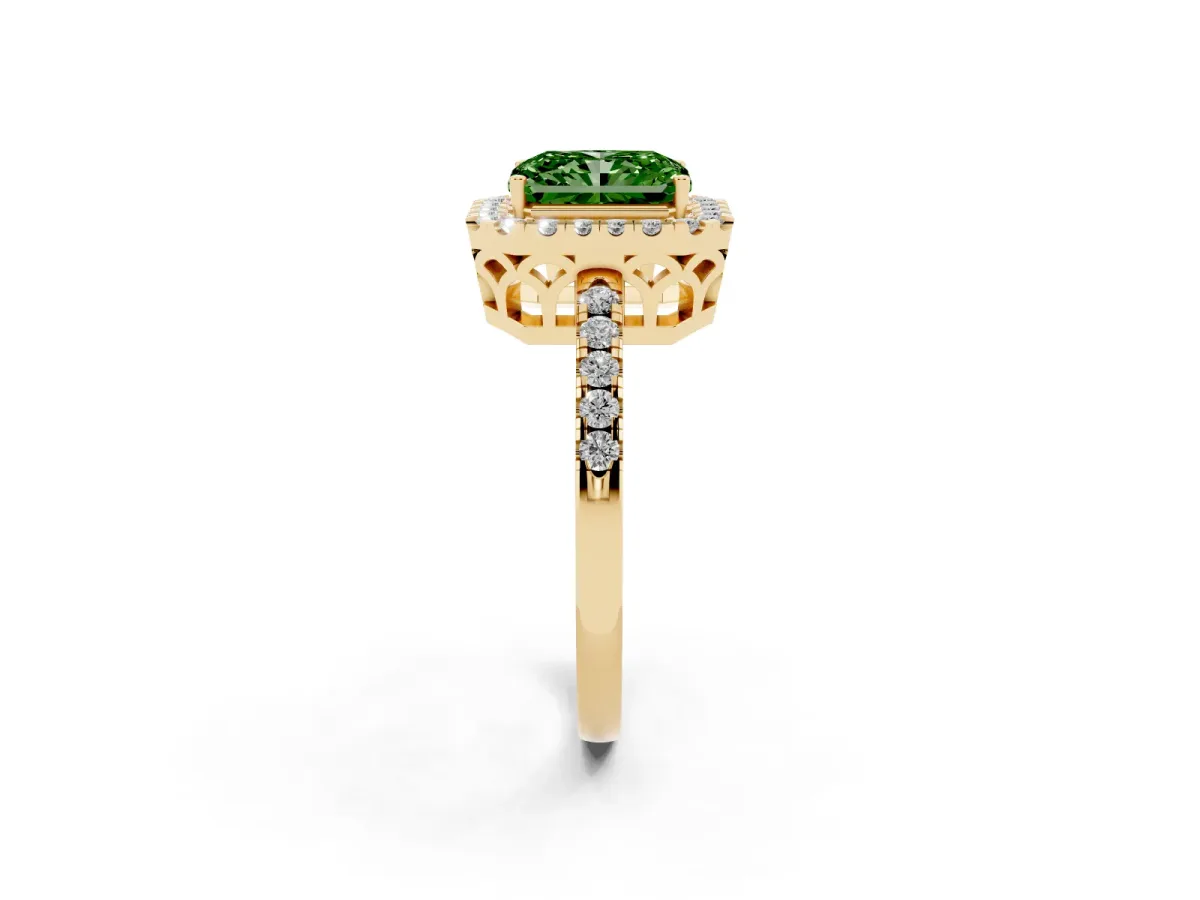Fancy Green Radiant Cut Halo Diamond Engagement Ring with Pavé Band and Four-Prong Setting Yellow gold