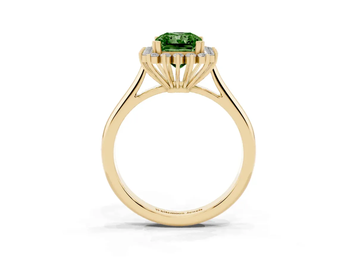 Fancy Green Radiant Cut Cut Diamond Halo Ring with Solitaire Band and Prong Setting Yellow gold