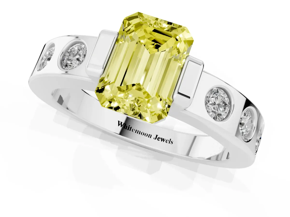 Fancy Yellow Emerald Cut Brilliant Channel-Set Diamond Ring with Bezel Prong Setting Platinum