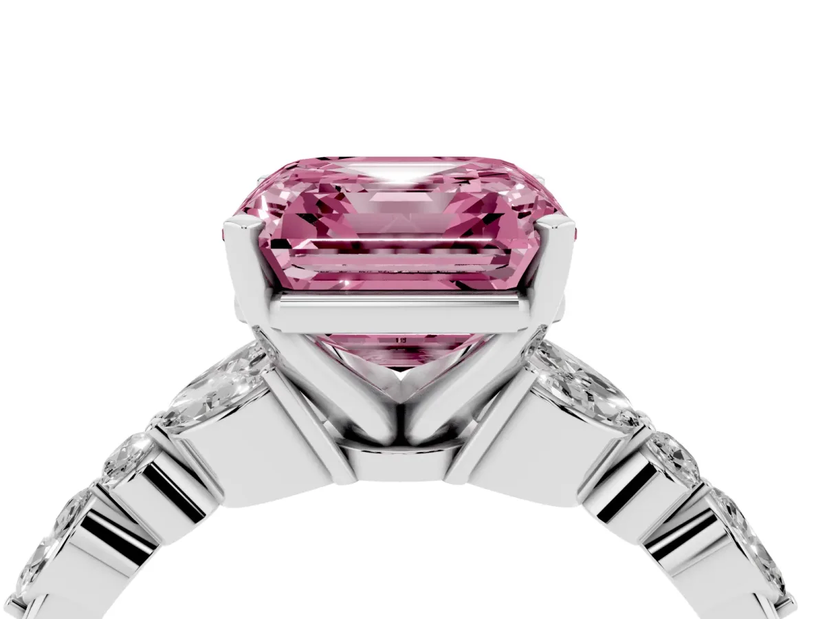 Fancy Pink Asscher Cut Diamond Solitaire Ring with Side Stones and Four-Prong Setting Silver