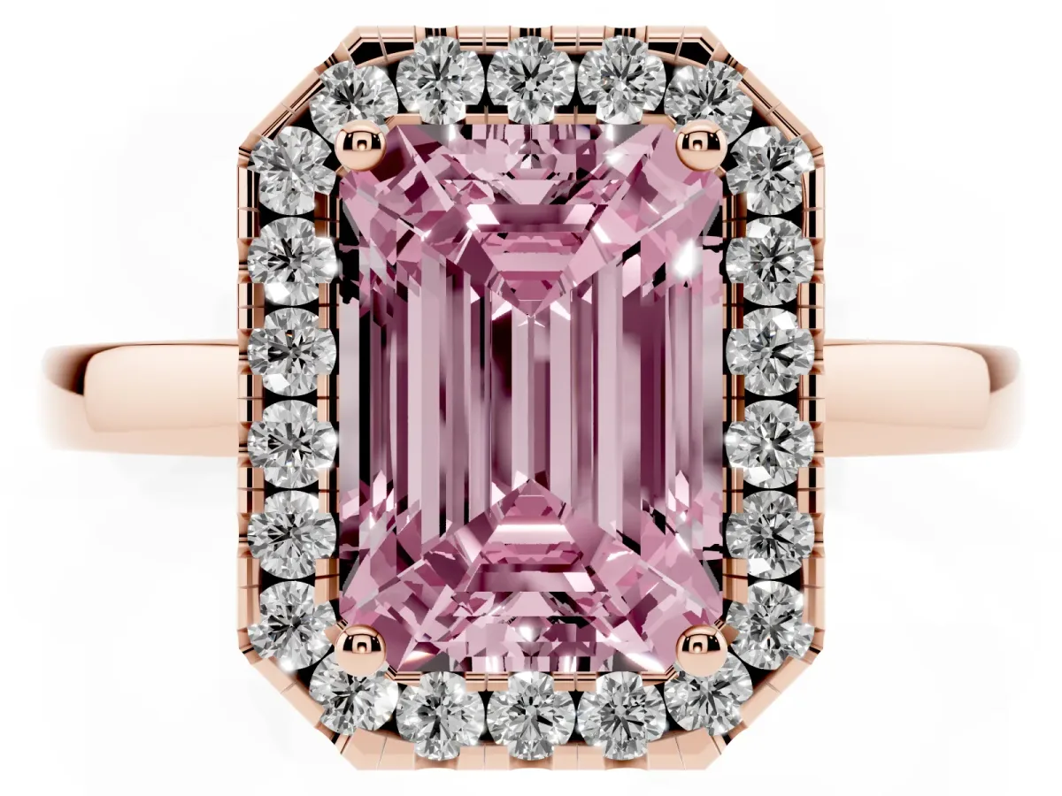 Fancy Pink Emerald Cut Halo Diamond Solitaire with Pavé Band and Four-Prong Setting Rose gold