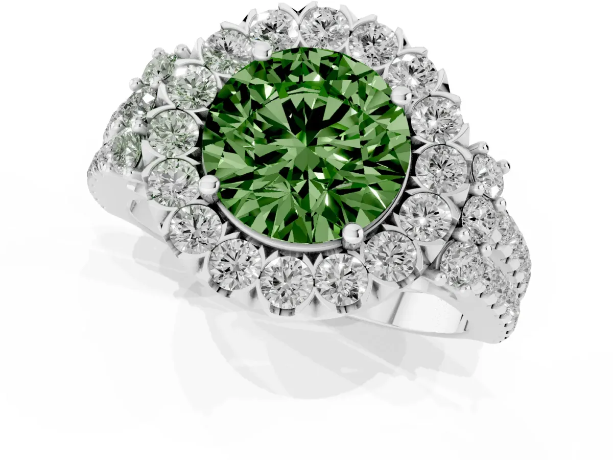Fancy Green Round Cut Cut Double Halo Diamond Engagement Ring with Pave Band and Four-Prong Setting Silver