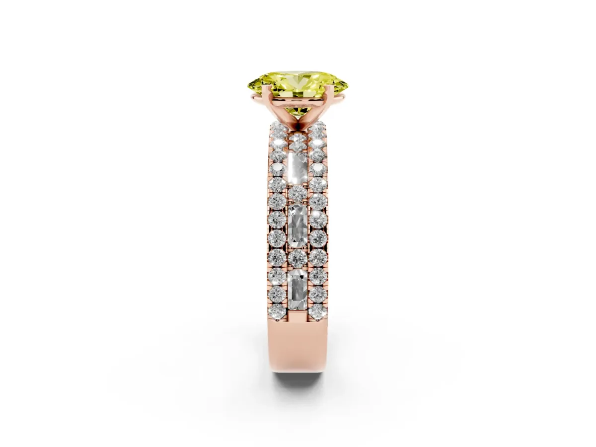 Fancy Yellow Oval Cut Diamond Solitaire Ring with Pavé and Channel Set Band Rose gold