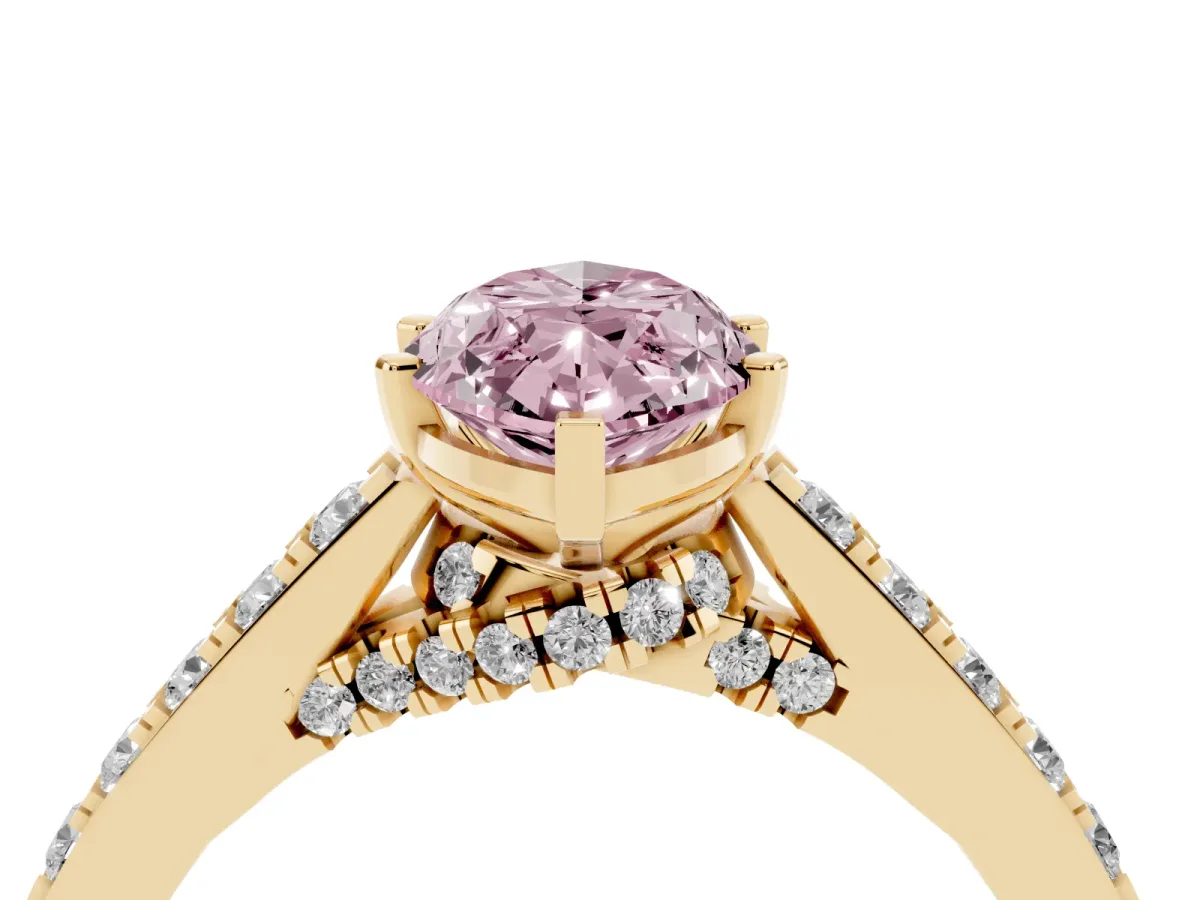 Fancy Pink Marquise Cut Diamond Solitaire Ring with Crossover Gallery and Round Pavé Band Yellow gold