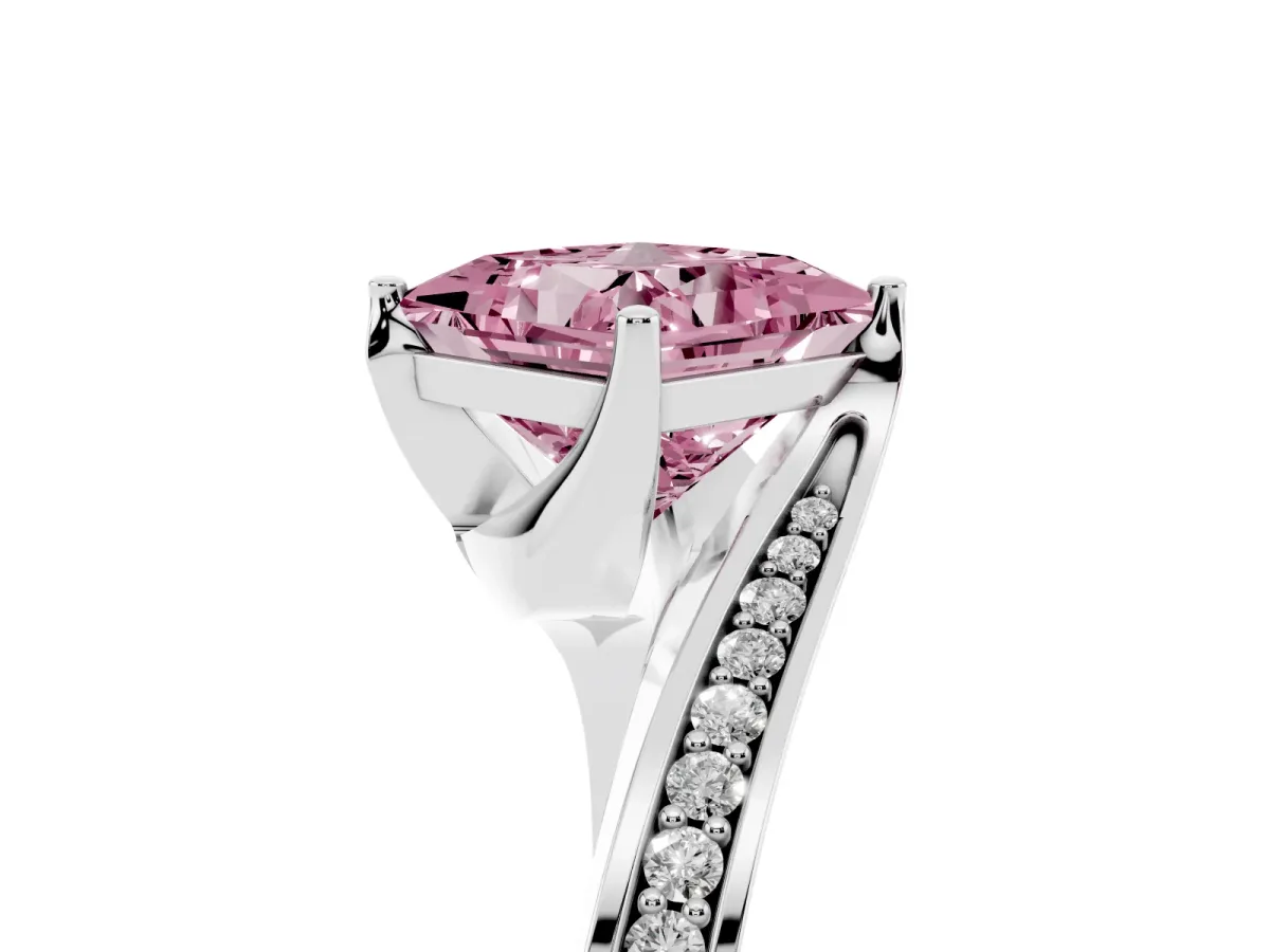 Fancy Pink Princess Cut Solitaire Diamond Twist Band with Pavé Setting and Four-Prong Setting Silver