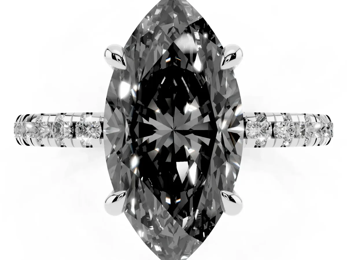 Fancy Black Marquise Cut Diamond Brilliant Solitaire Ring with Pavé Band and Four-Prong Setting Platinum