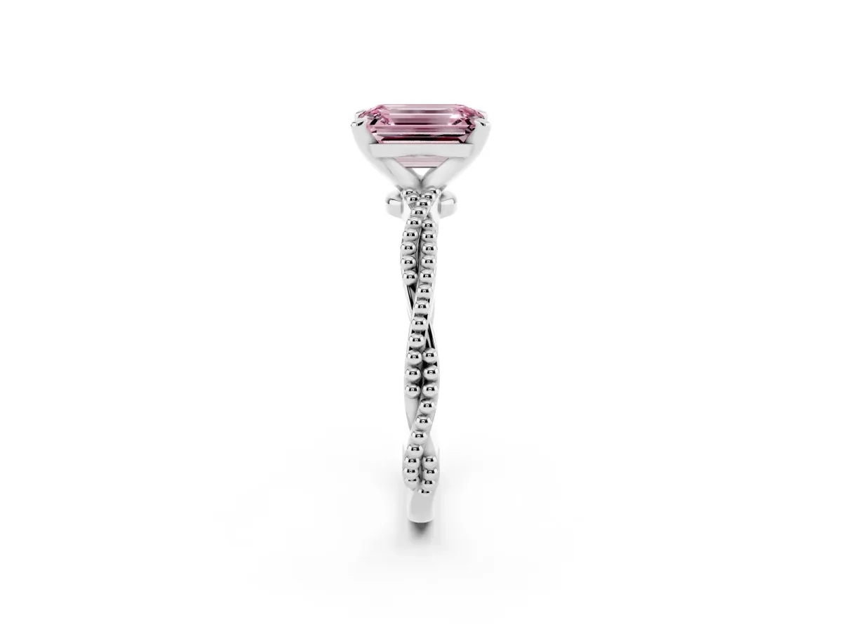 Fancy Pink Emerald Cut Solitaire Twisted Band with Bead Prong Setting Platinum