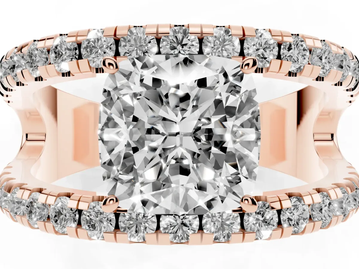 Cushion Cut Solitaire Split Shank Pave Diamond Ring Rose gold