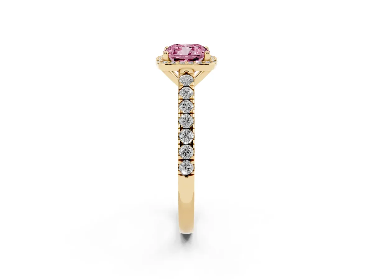Fancy Pink Cushion Cut Cut Halo Diamond Engagement Ring with Pave Band and Four-Prong Setting Yellow gold