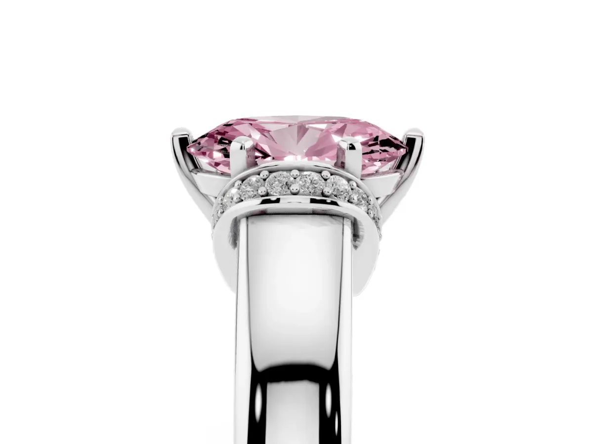 Fancy Pink Oval Cut Solitaire Diamond Ring with Pave Band and Six-Prong Setting Silver