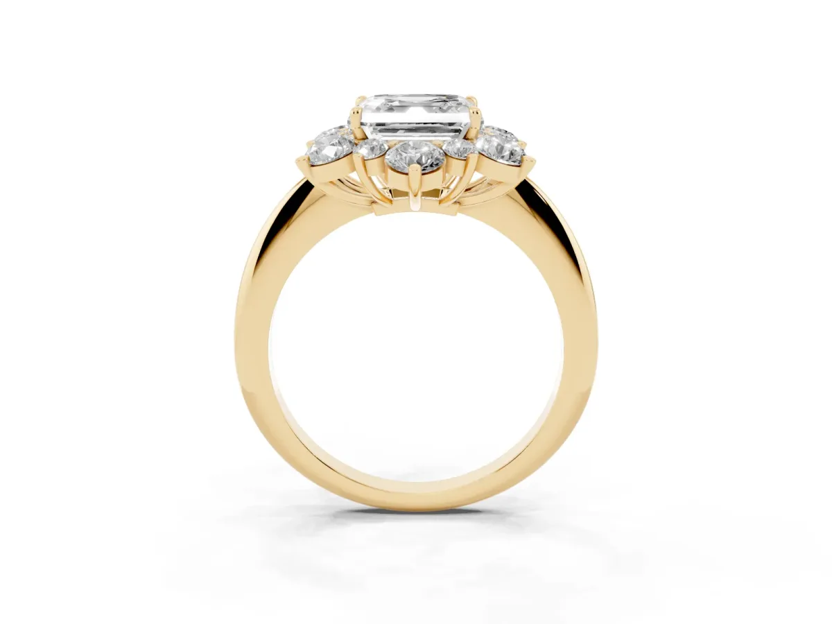 Asscher Cut Diamond Cluster Halo Ring with Solitaire Band and Four-Prong Setting Yellow gold