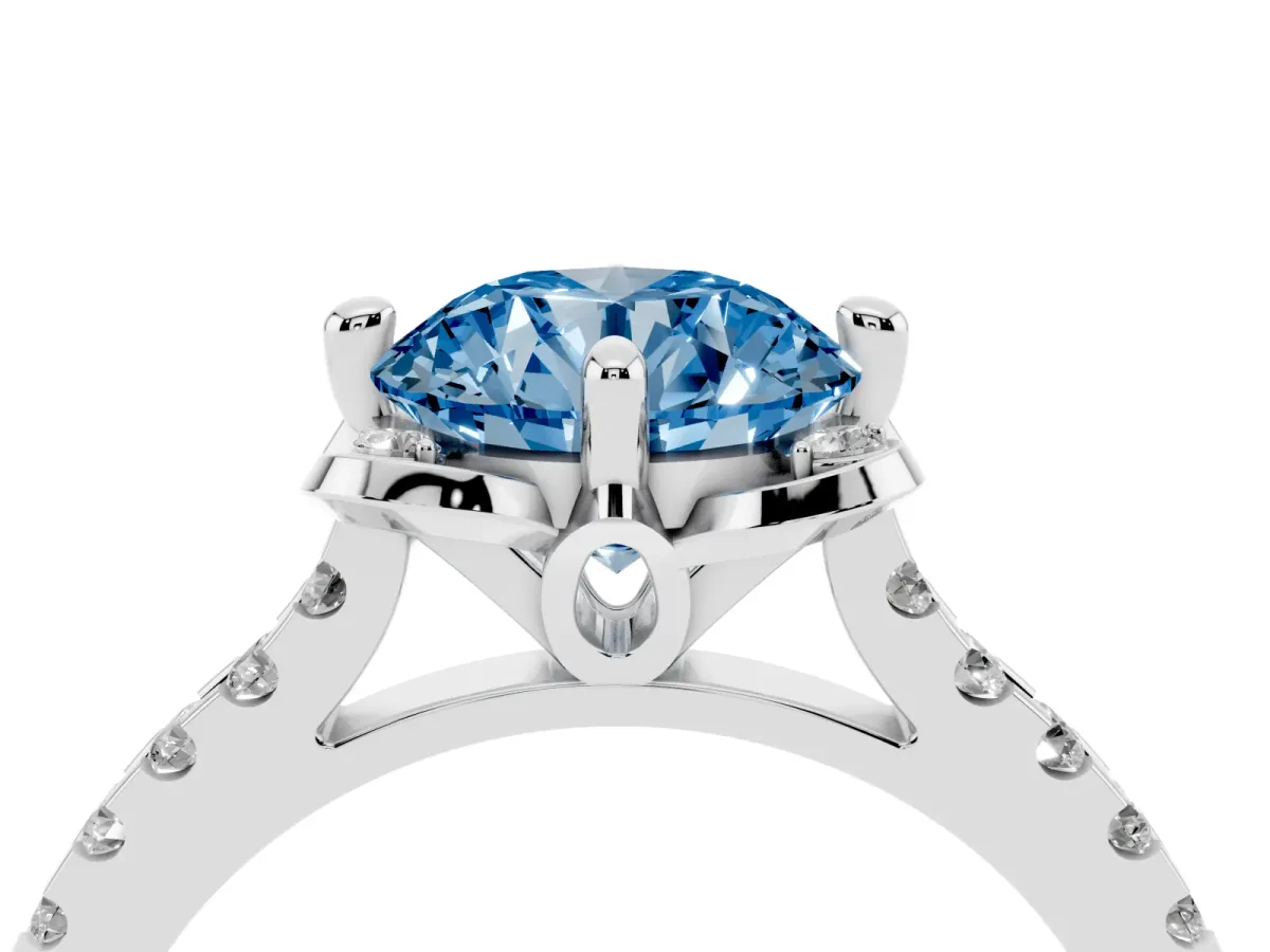 Fancy Blue Round Cut Diamond Ring with Pavé Band and Floral Prong Setting Silver