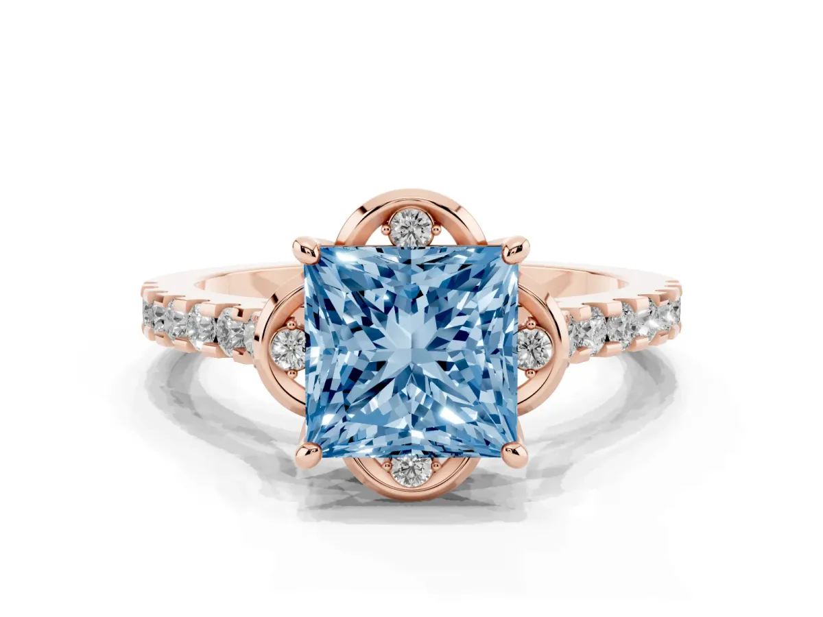 Fancy Blue Princess Cut Diamond Ring with Pavé Band and Floral Prong Setting Rose gold