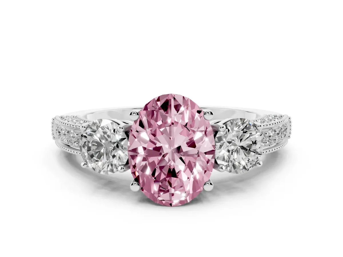 Fancy Pink Oval Cut Three-Stone Diamond Ring with Pavé Band and Four-Prong Setting Silver