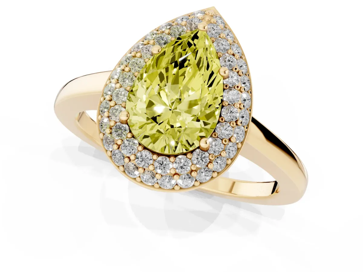 Fancy Yellow Pear Cut Halo Diamond Engagement Ring with Solitaire Band and Four-Prong Setting Yellow gold