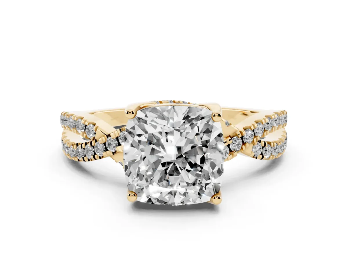 Cushion Cut Solitaire Twist Pave Diamond Engagement Ring with Prong Setting Yellow gold